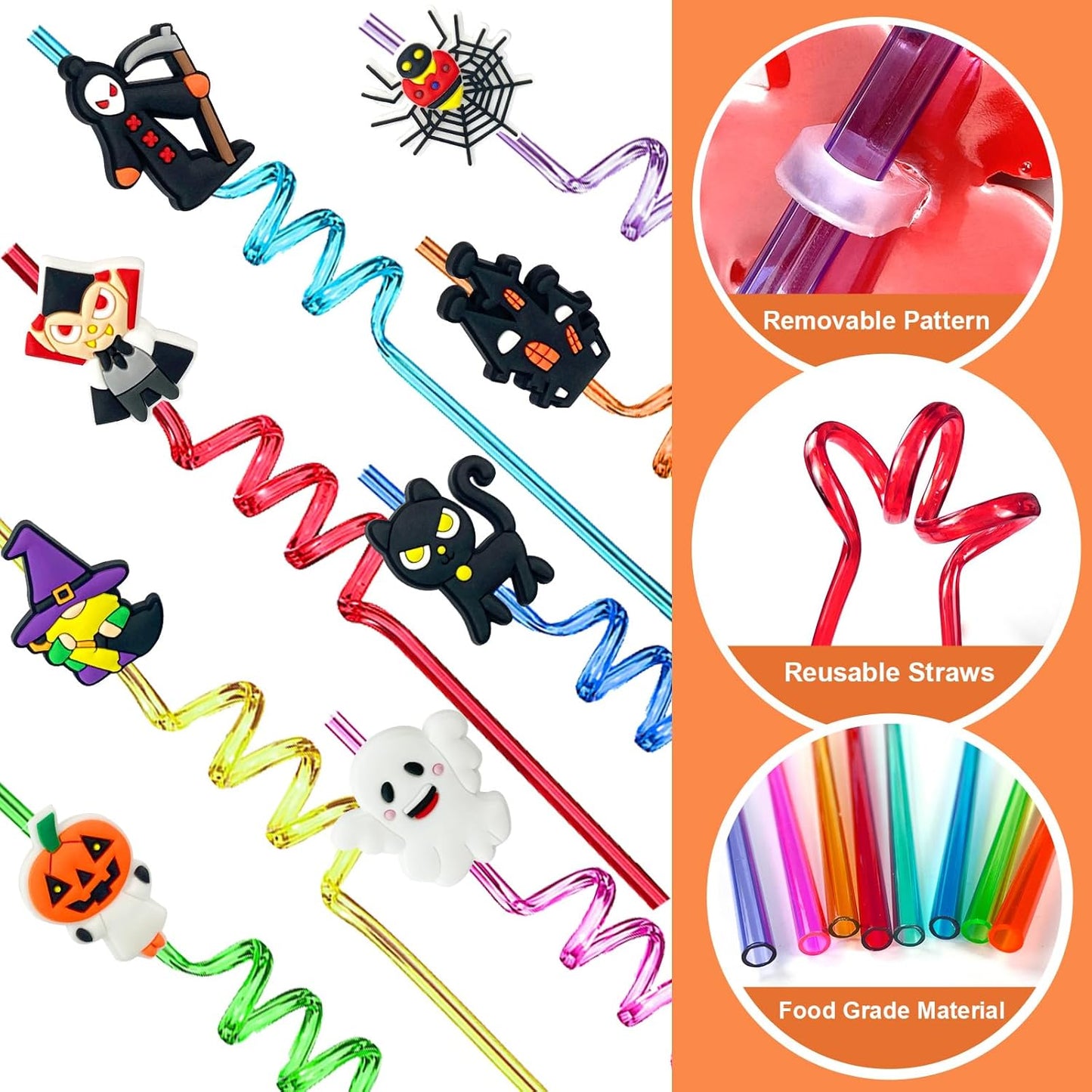 24 PCS Reusable Straws for Halloween Theme Party Birthday Decorations with 2 PCS Cleaning Brushes (Halloween Pumpkin)