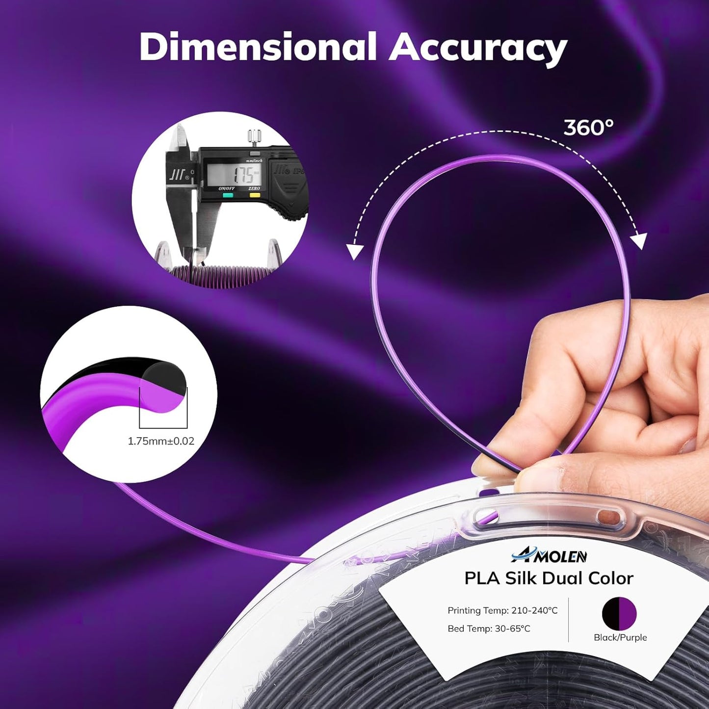 AMOLEN Silk PLA 3D Printer Filament, Shiny Dual Color Black Purple PLA 1.75mm, Multicolor Change 3D Printing Filament for Most FDM 3D Printer, 1kg Spool(2.2lbs)