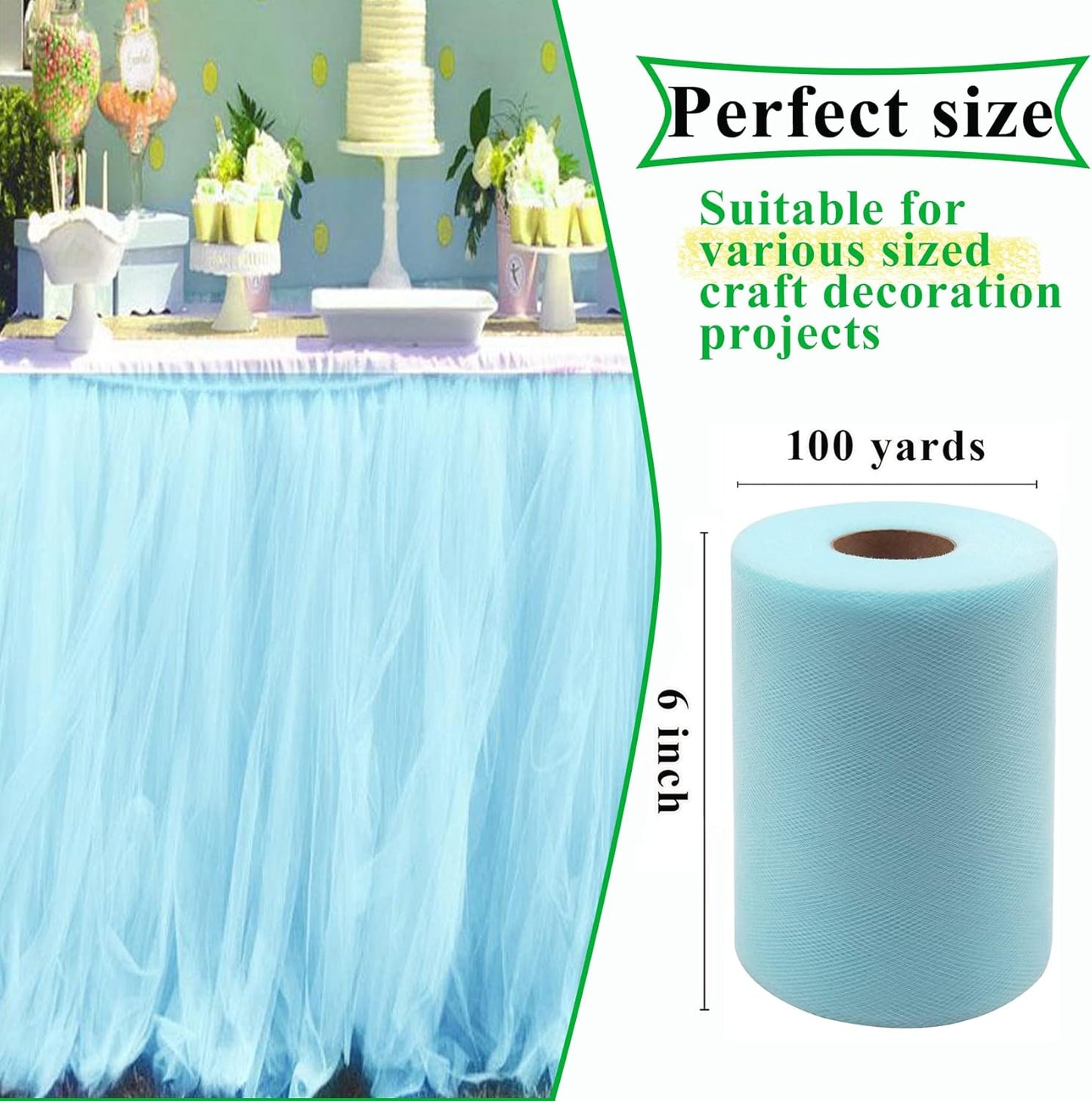 Light Blue Tulle Fabric Rolls 6 Inch by 100 Yards (300 feet) Fabric Spool Tulle Ribbon for DIY Tutu Bow Baby Shower Birthday Party Easter Wedding Decorations Christmas Craft Supplies