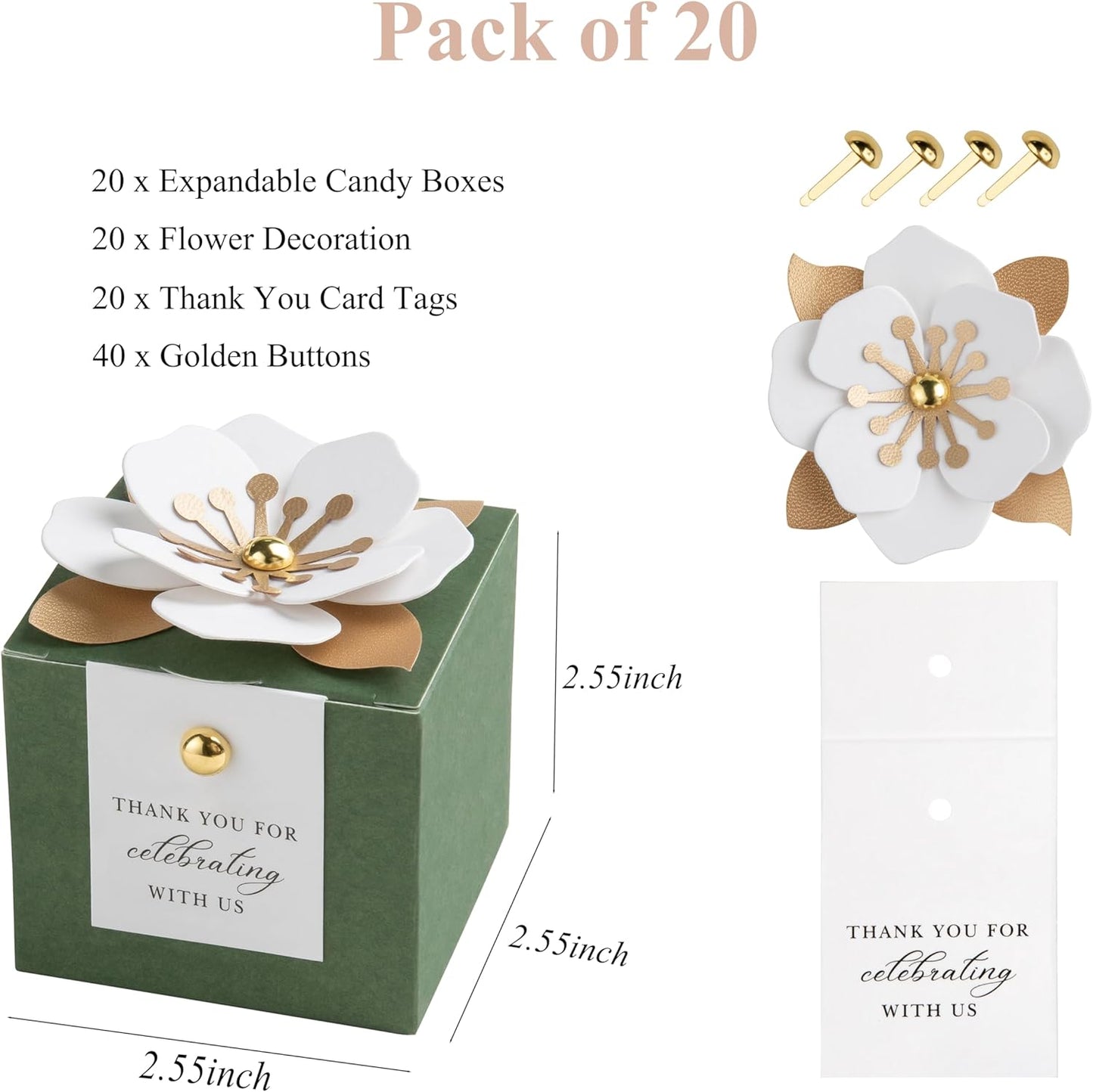 FEIYI 20 PCS Candy Boxes, 3 In 1 Olive Green Favor Boxes with Floral Decor, White Thank You Tags Gift wrapping for Wedding Birthday Baby Shower Decorations Party -2.55x2.55x2.55''