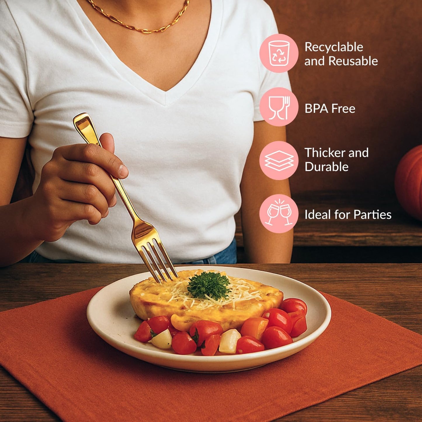 Prestee 100 Gold Plastic Forks - Heavy Duty Elegant Disposable Utensils - Fancy Plastic Silverware for Weddings and Holidays - Heavyweight 7 Inch Forks for Special Occasions