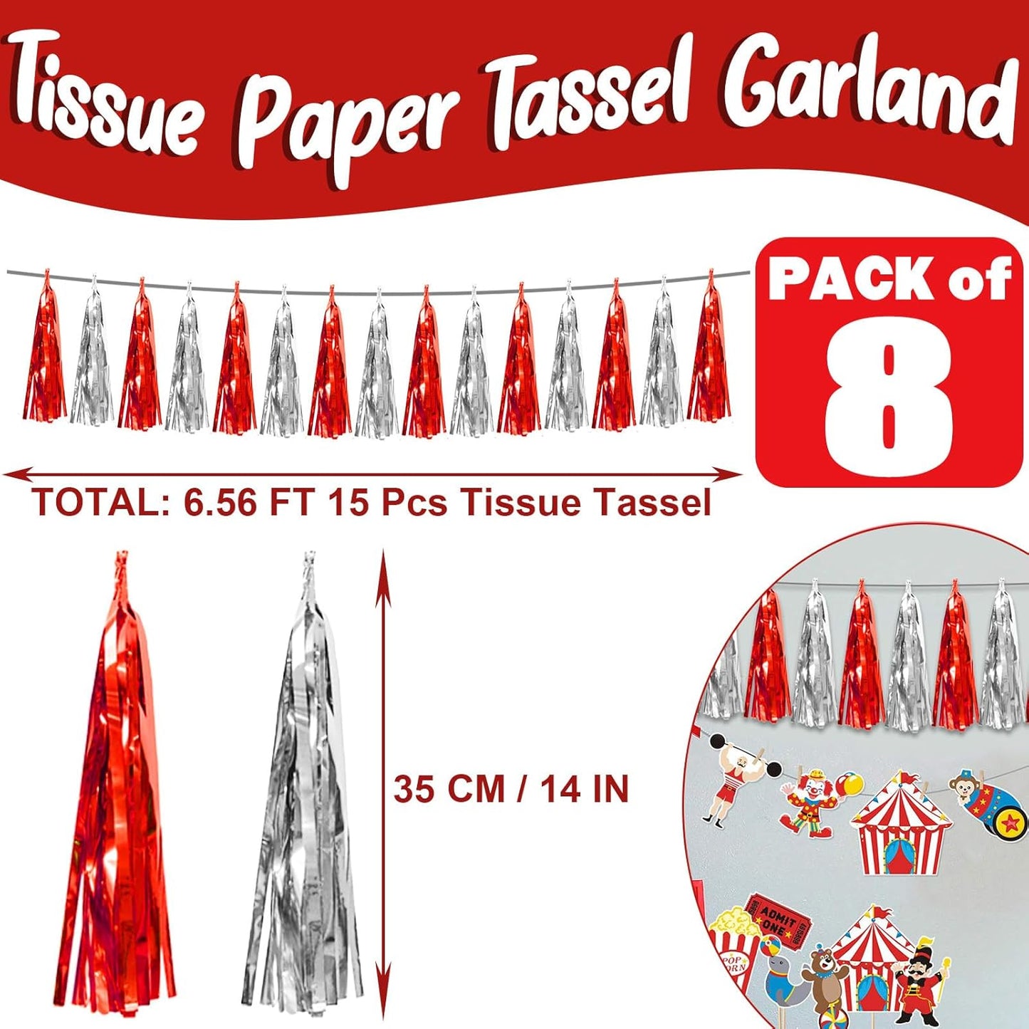 8P Red Silver Foil Fringe Metallic Tassel Streamers Banner Tassel Garland for Parade Floats, Bachelorette, Wedding, Birthday, Halloween, Christmas, Bridal/Baby Shower Party Decorations