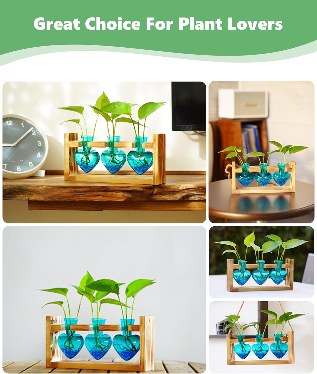 Nacome Plant Terrarium for Office Decor: Birthday Gifts for Plant Lovers Women Mom Wife - Wooden Stand Tabletop Planter 3 Bulb Glass Vase Heart Shaped for Hydroponics Indoor Home