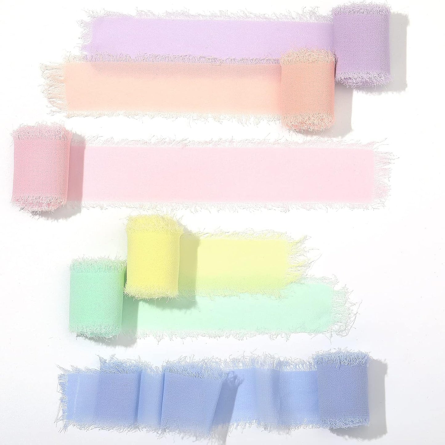 6 Rolls Handmade Fringe Chiffon Silk Ribbon 1.5" x 3 Yd Colorful Ribbon for Wedding Invitations, Bridal Bouquets, Gifts Wrapping, DIY Crafts (Macarons Color Set)