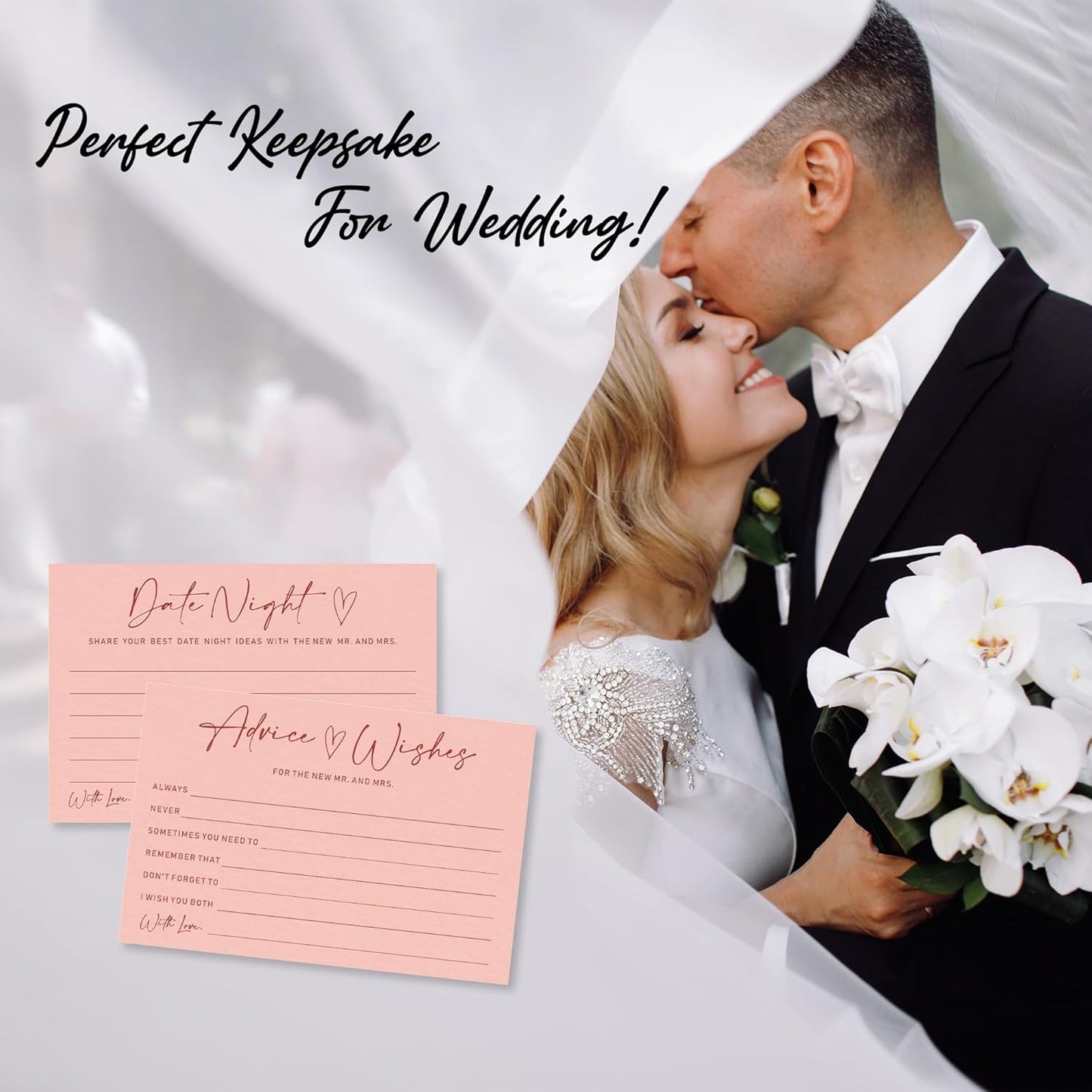 Advice & Wishes Card Set - Minimalism Pink - 15 Advice & Wishes Cards & 15 Date Night Cards Cards For New Couple, Newlyweds, Engagement, Wedding Party Favor & Supplies - B04