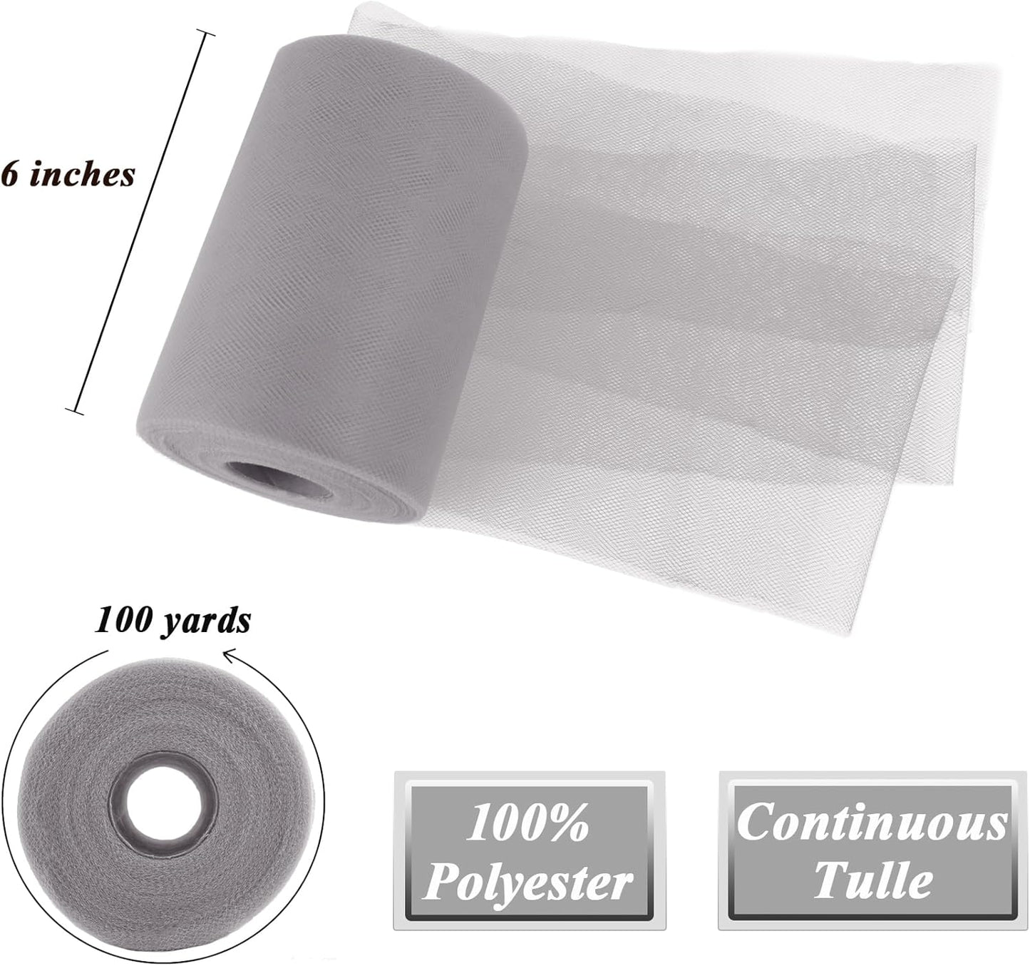Gray Tulle Fabric Roll 6”by 100 Yards (300 ft) Soft Tulle Spool for DIY Crafting Favor Supplies, Tutus, Wedding, Party Decorations, Gift Wrapping