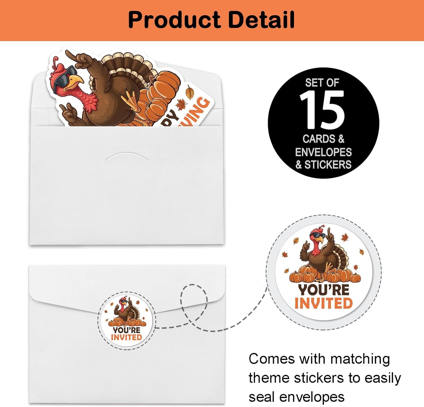 REWIDPARTY 15 Sets Thanksgiving Party Invitations with Envelopes Stickers, Pumpkin Turkey Shaped Fill-in Invitation Cards, Thanksgiving Dinner Invites, Funny Fall Party Supplies for Family Friend