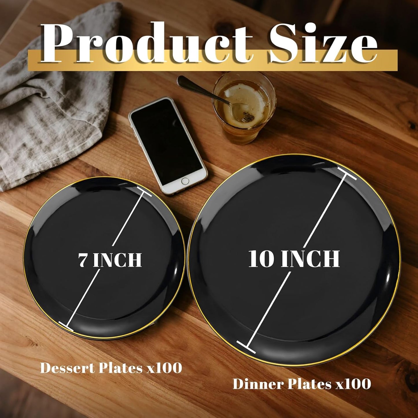 KIRE 200Pcs Black Plastic Plates - Black Plates Disposable for Party - Include 100 for Dinner and 100 for Dessert for Birthday/Wedding/Halloween