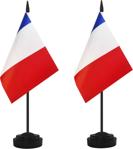 2 Pack France Desk Flag Set, French Desktop Small Miniature Table Office Flag with 12" Black Pole and Black Base, Offices, Classroom, Home, Festival Decoration (France)