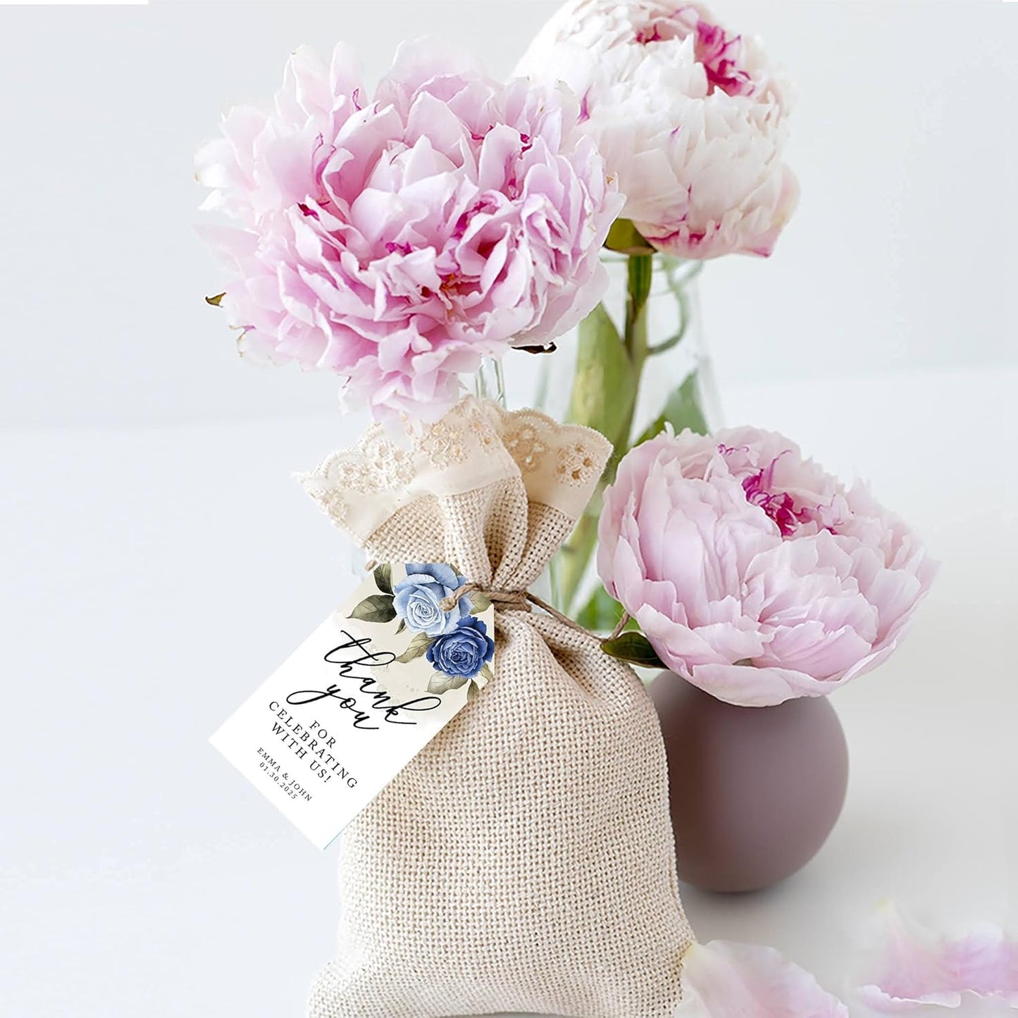 Andaz Press 100-Pack Personalized Thank You Tags with Bakers Twine ICY Blue Roses Custom Cardstock Wedding Gift Tags for Wedding Party Favors 2 x 3.75-Inches