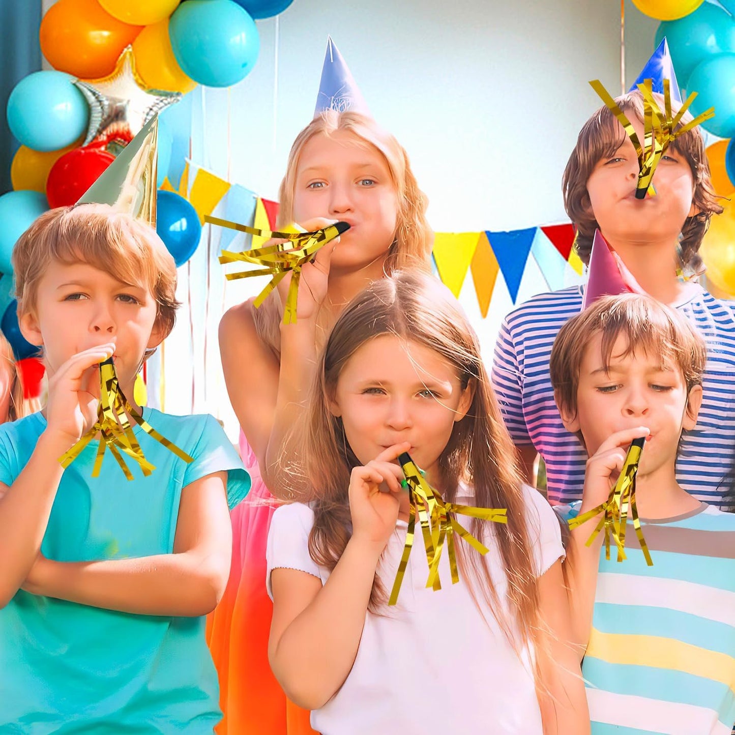 Noise Makers, 24 PCS Gold Noise Makers, Glitter Metallic Fringed Party Blowers Noisemakers Horns for Adults for Birthday Sporting Events Christmas 2025 New Year Eve Party Favor Supplies Decorations