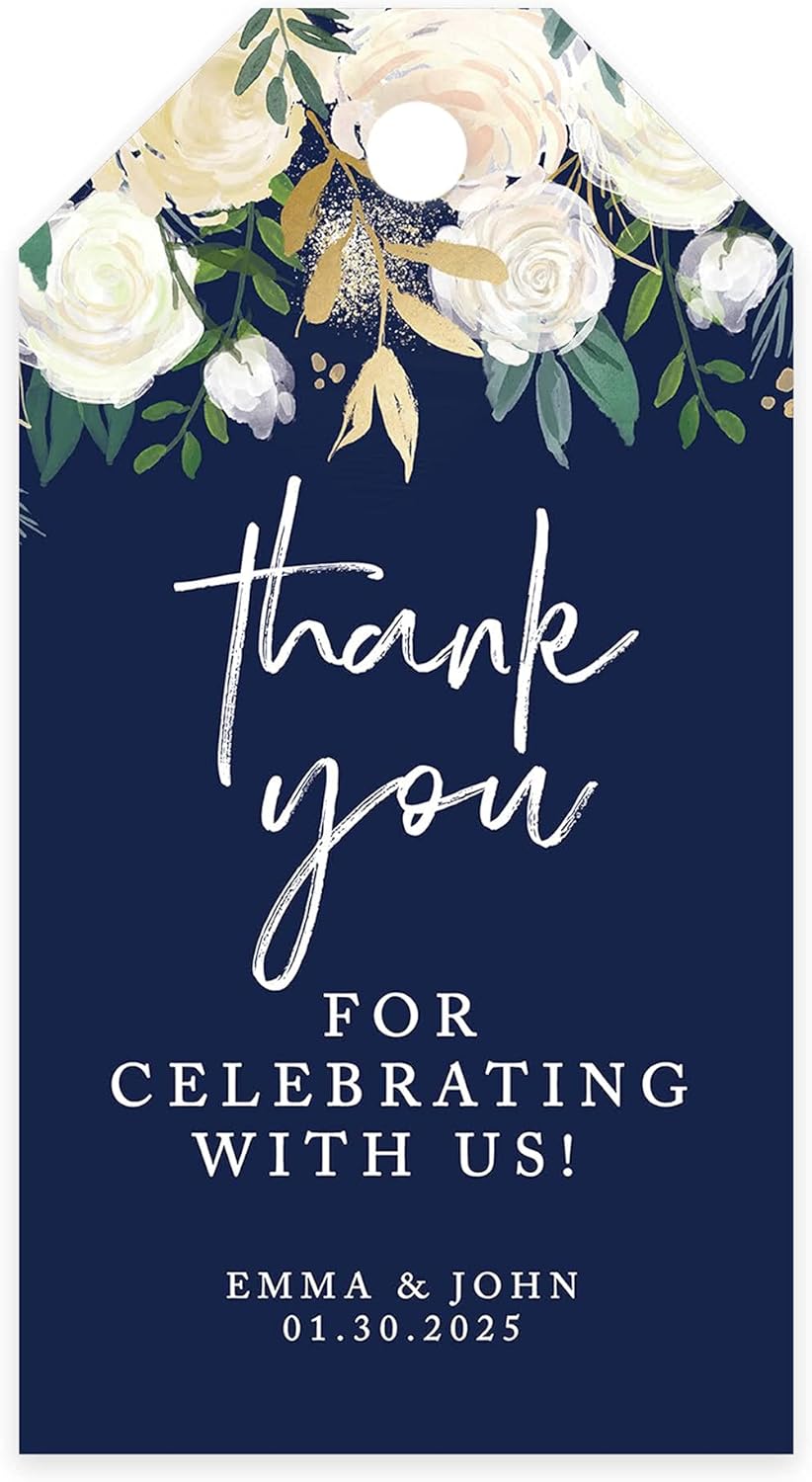 Andaz Press 100-Pack Personalized Thank You for Celebrating with Us Wedding Favor Tags with Bakers Twine Navy Blue with Florals Custom Cardstock Wedding Gift Tags for Party Favors 2 x 3.75-Inches