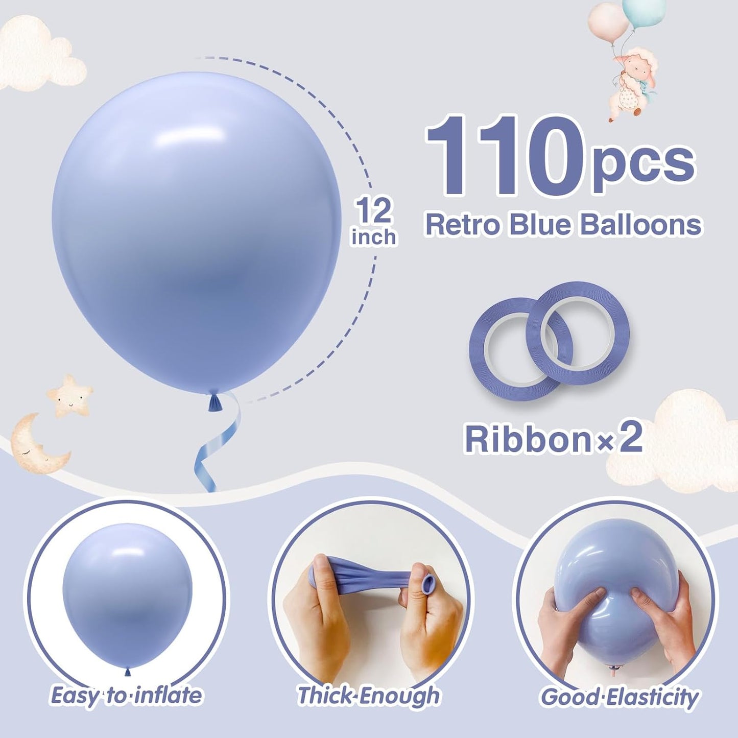 110pcs Dusty Blue Balloons 12 Inch Retro Blue Latex Balloon Garland Arch Kit for Birthday Baby Shower Anniversary Graduation Wedding Party Decorations