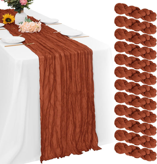 Aktor 12 Pack Terracotta Table Runner Boho Cheesecloth Table Runner Semi Sheer Gauze Fabric Runners for Wedding Birthday Baby Shower Party Boho Table Decoration（Terracotta）