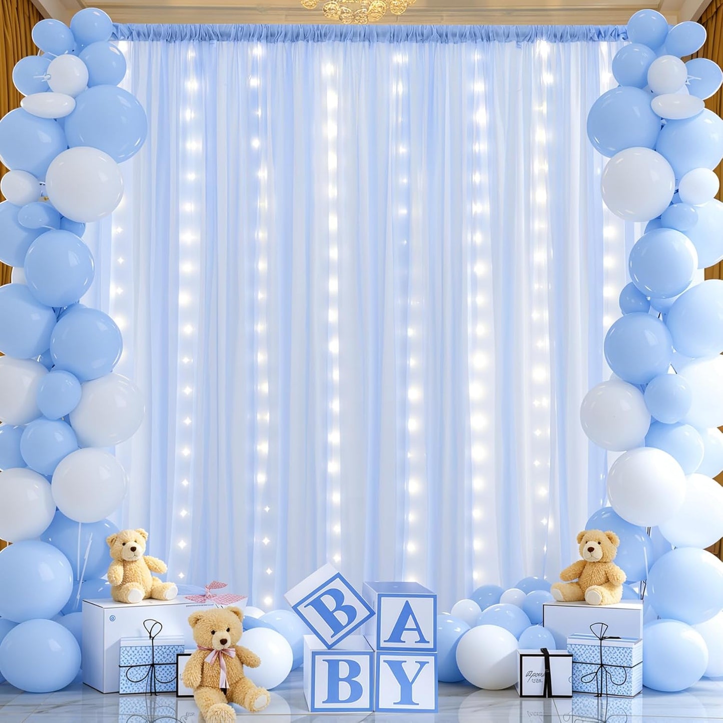 10x10ft Light Blue Chiffon Backdrop Curtain with Lights for Baby Shower Birthday Party, Sky Blue Curtain Backdrop with Lights for Wedding Parties Photo Shoot (5 x 10ft,2 Panels)