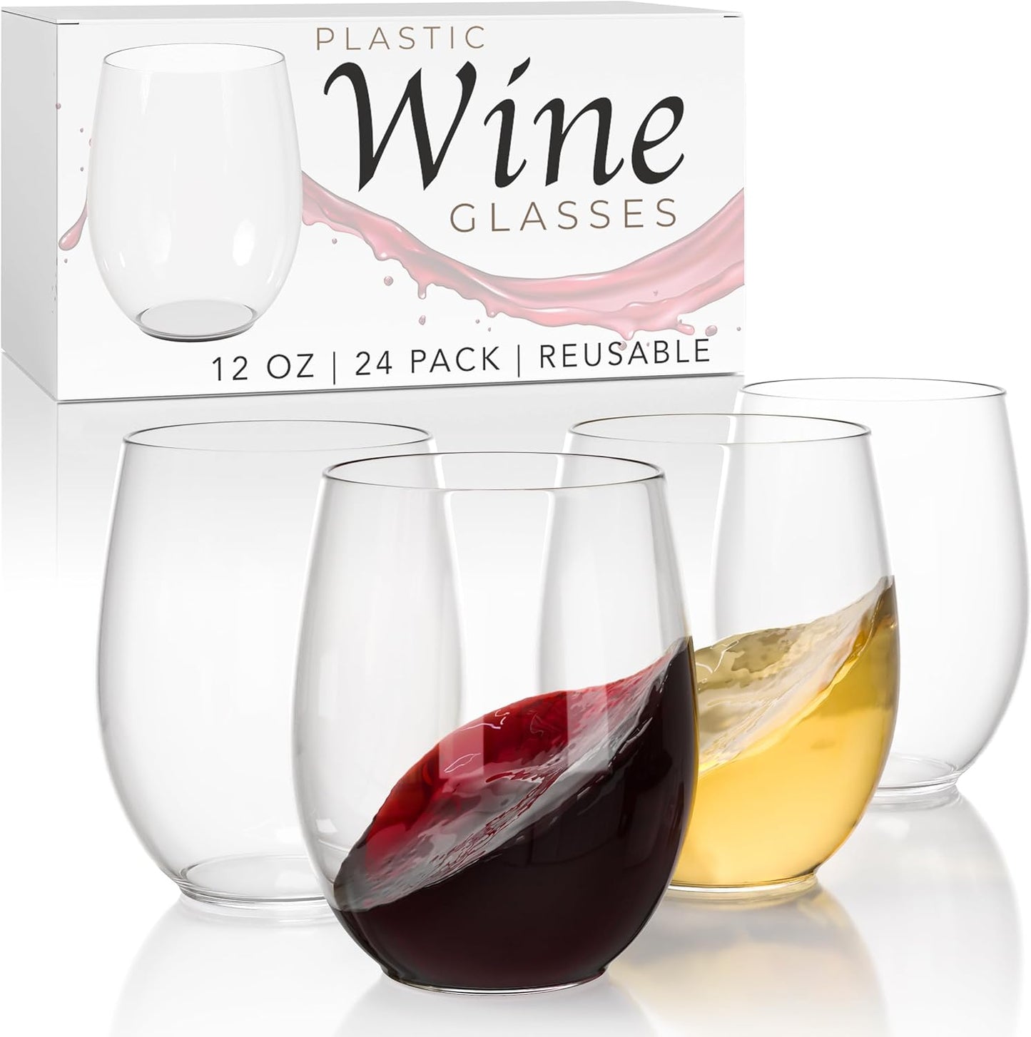 Exquisite 24 Pcs Unbreakable Stemless Plastic Wine Glasses Disposable Wine Glasses Stemless 12 Oz Clear Plastic Cocktail Cups Clear Party Cups Disposable Cocktail Glass Weddings & Events