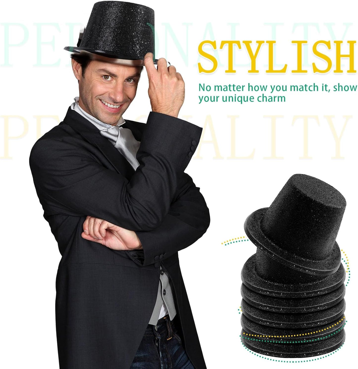 Hillban 24 Pcs Halloween Glitter Top Hat Bowler for Adults 1920s Dress Glitter Hats for Masquerades Party