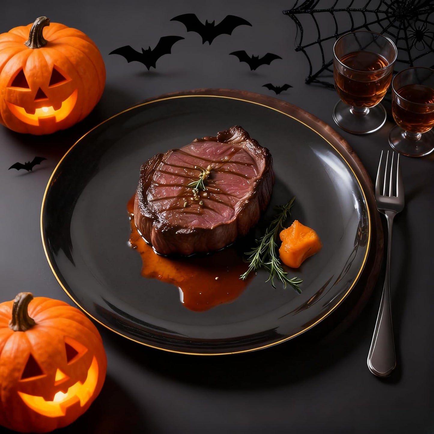 KIRE 100PCS Black and Gold Plates - Black Plastic Plates Disposable with Gold Rim for Halloween Party/Wedding/Birthday Include 50Pcs 10.25inch for Dinner and 50Pcs 7.5inch for Dessert/Salad