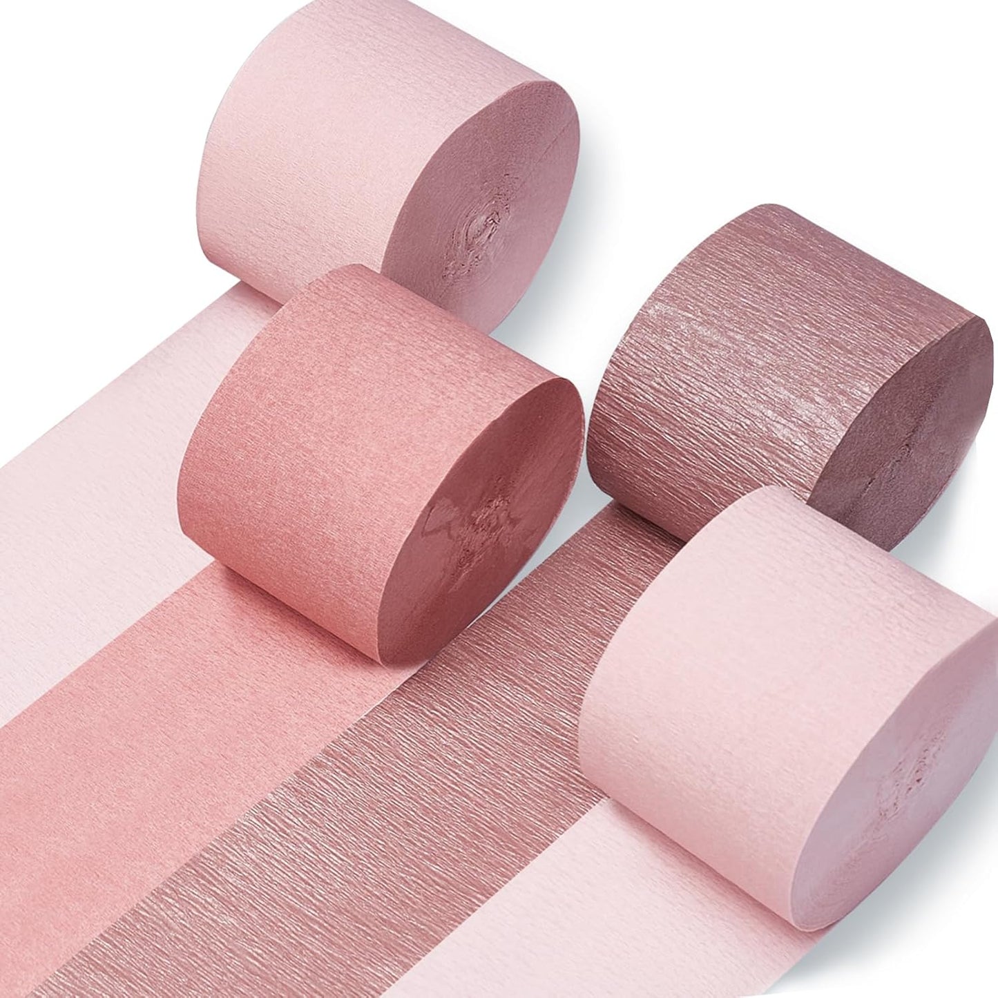 PartyWoo Rose Gold Crepe Paper Streamers 4 Rolls 328 ft Pack of Metallic Rose Gold Pink Dusty Pink Crepe Paper for Bride to Be Bachelorette Birthday Party Decorations (1.8 Inch x 82 Ft/Roll)