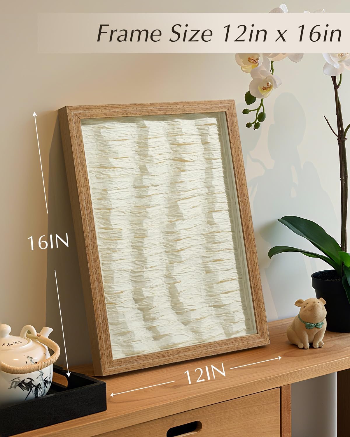 VIYYIEA Framed 3D Textured Wall Art, Handmade Paper Artwork,12x16inch, Modern Minimalist Neutral Beige Decor for Living Room Bedroom Shelf, Wave Abstract Picture