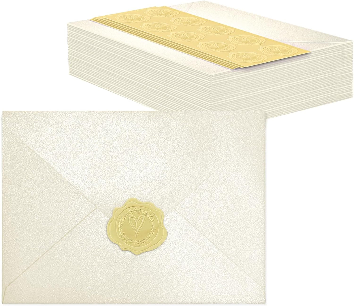 50 PCS Pearl Ivory A7 Envelopes with Stickers, Shimmering 5x7 Envelopes for Invitations, Great for Wedding Invitation Cards, Birthday RSVP, Graduation, Baby Shower 5.25 x 7.25 inches