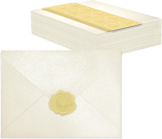 50 PCS Pearl Ivory A7 Envelopes with Stickers, Shimmering 5x7 Envelopes for Invitations, Great for Wedding Invitation Cards, Birthday RSVP, Graduation, Baby Shower 5.25 x 7.25 inches