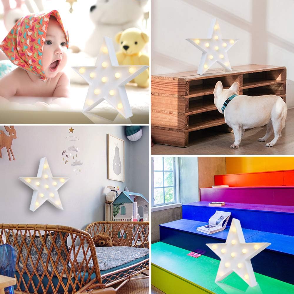 LED Marquee Star Sign Night Light, Battery Operated Star Shaped Desk Table Lamp for Kids, Baby, Child, Girl Gift, Nursery Room, Wall Decor (White)