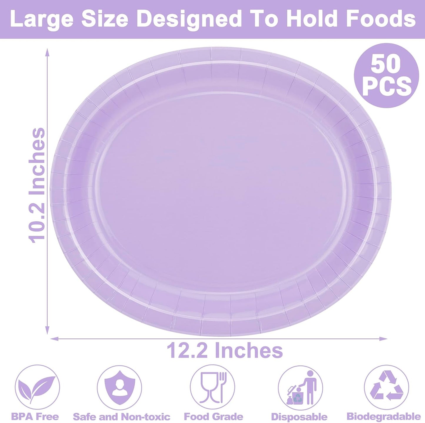 QZYL 50 Count Oval Paper Plates, 12.2'' X 10.2'' Large Lavender Disposable Plates for Daily Dinner, Wedding, Birthday, Party, Picnic, Baby Shower, Barbecue