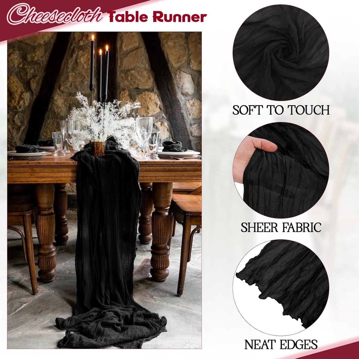 Aktor 4 Pack Black Table Runner Boho Cheesecloth Table Runner Semi Sheer Gauze Fabric Runners for Wedding Birthday Baby Shower Party Boho Table Decoration（Black）
