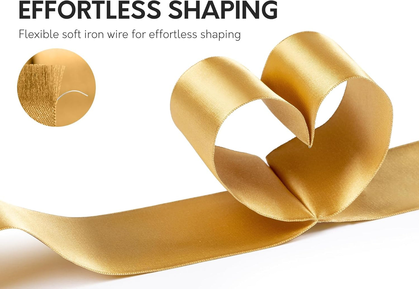 Gold Satin Ribbon Double-Faced Wired Ribbons for Gift Wrapping Flower Bouquet Bows Wedding Invitation Christmas Decor Crafts 2-1/2 Inch 10 Yards