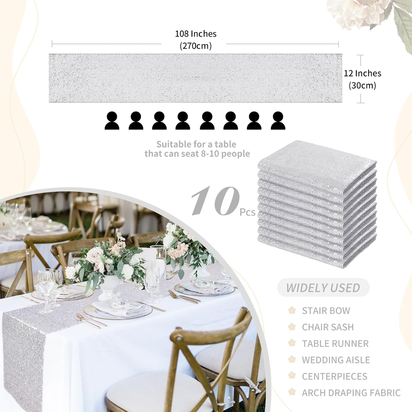 Silver Sequin Table Runners 10 Packs 12x108 Inches Holiday Celebration Sparkly Table Runners for Birthday Party Supplies Decorations