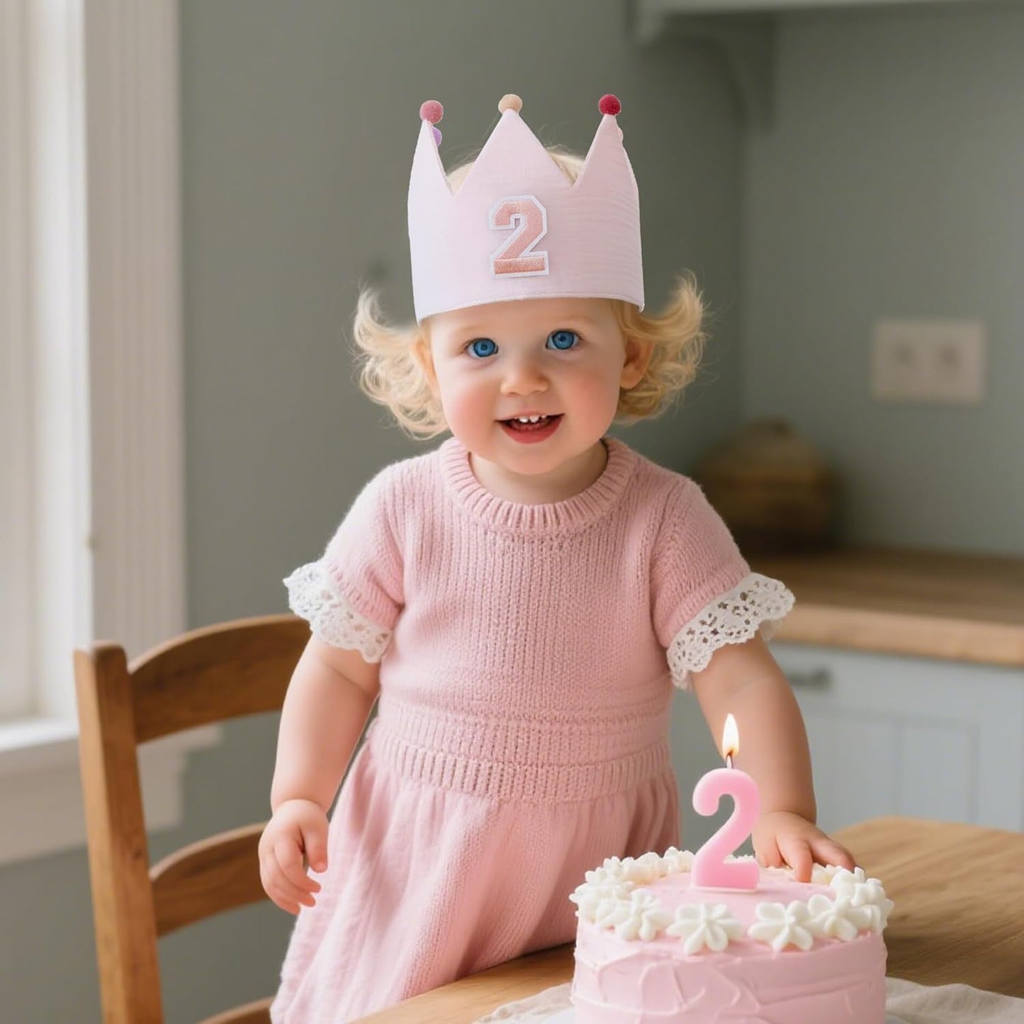 Muslin Crown Hat 1-3 Birthday For Baby Boy Girl Party Decoration Blue Pink Headband