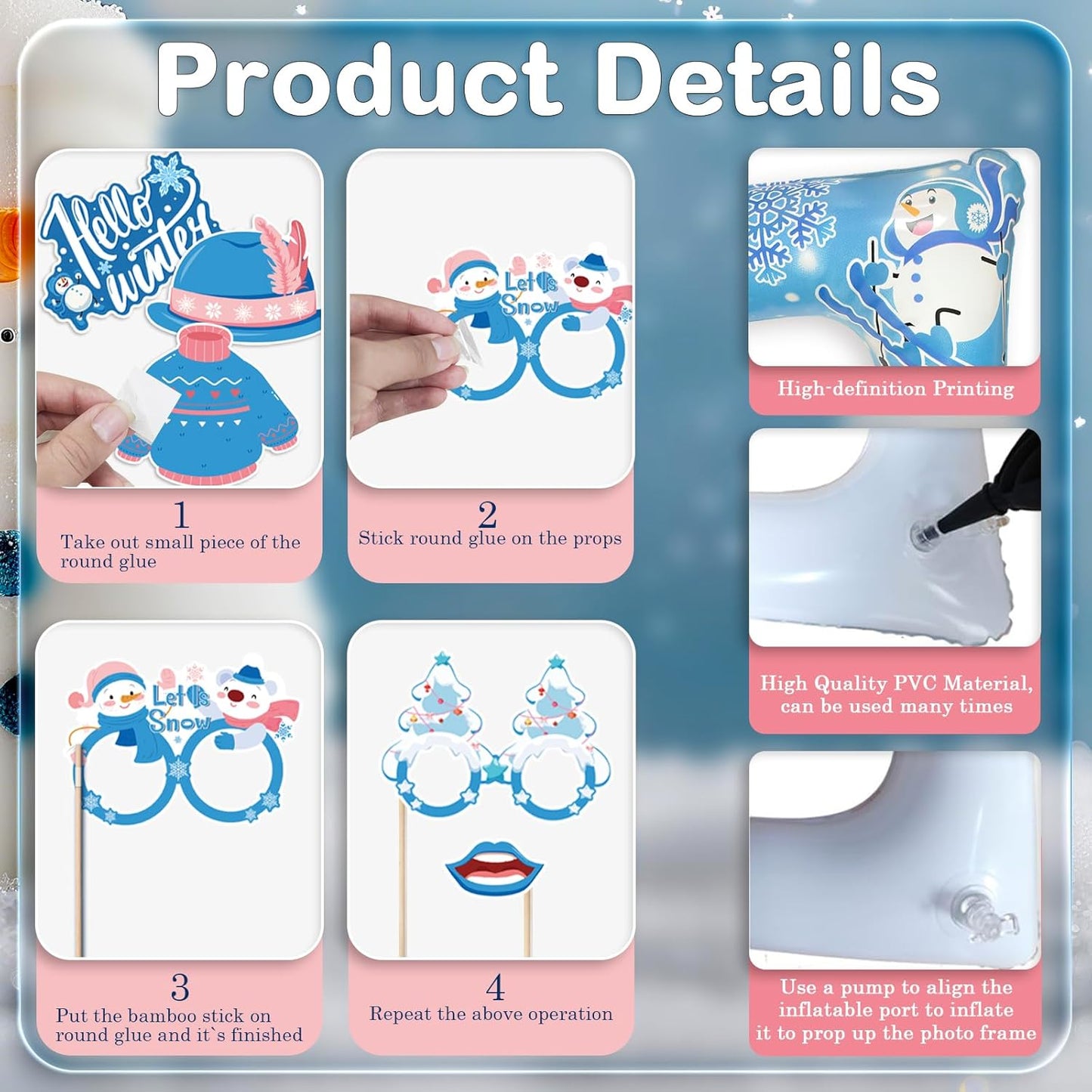 Winter Photo Booth Props Inflatable Frame, 30Pcs Winter Wonderland Photo Props with Inflatable Picture Frame Large for Frozen Holiday Party Selfie Supplies