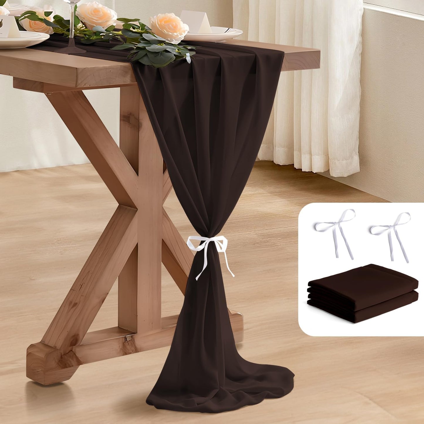 2 Pack 10 Ft Chiffon Table Runner Coffee Gauze Long Table Runners 27x120 Inches Sheer Tulle Table Runner for Rustic Wedding Reception Bridal Shower Decorations Birthday Party