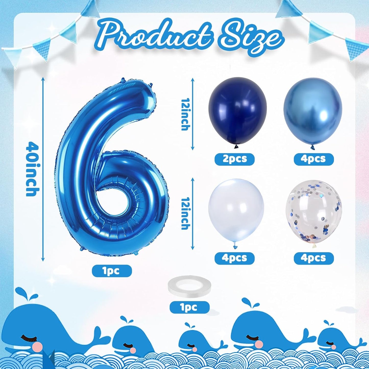 6th Birthday Balloon - Metallic Dark Blue & Navy Blue 40 Inch Self Inflating Number 6 Mylar Balloon with Silver Confetti for Boys & Girls Birthday Party Decorations