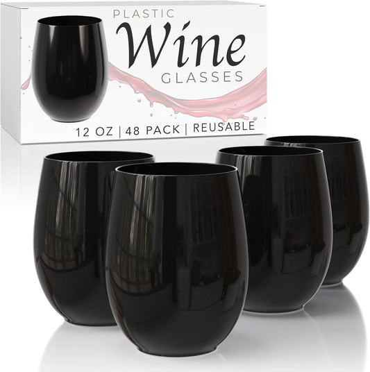 Exquisite 48 Pcs Unbreakable Stemless Plastic Wine Glasses Disposable Wine Glasses Stemless 12 Oz Black Plastic Cocktail Cups Black Party Cups Disposable Cocktail Glass Weddings & Events