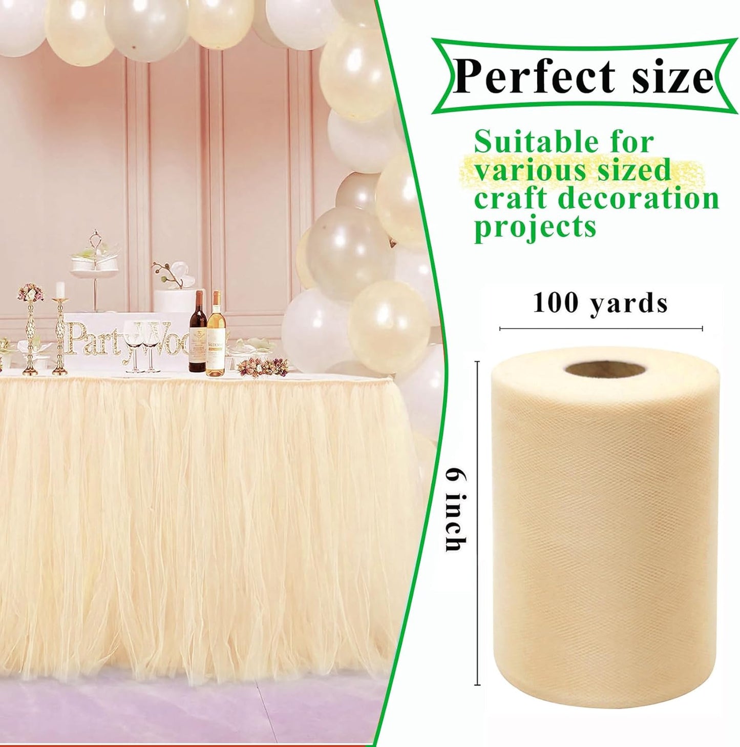 Beige Tulle Fabric Rolls 6 Inch by 100 Yards (300 feet) Fabric Spool Tulle Ribbon for DIY Tutu Gift Wrapping Baby Shower Birthday Party Wedding Decorations Christmas Craft Supplies
