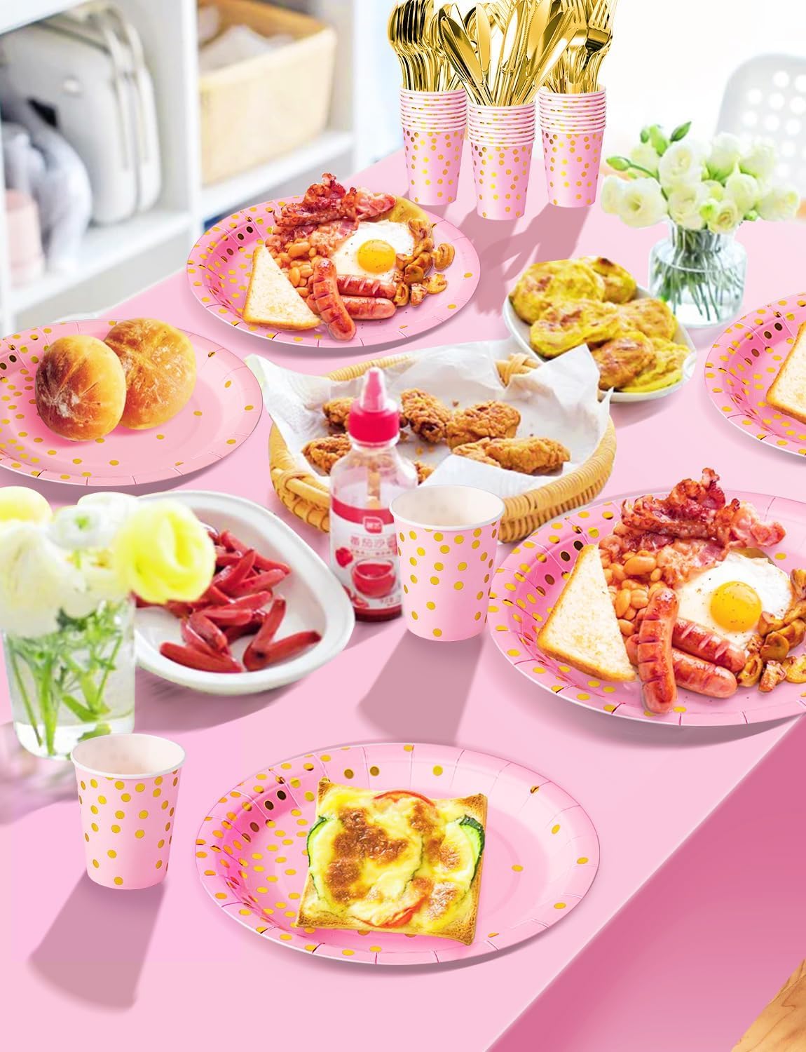 141 Pieces Pink and Gold Party Supplies, Party Dinnerware Sets Include Paper Plates Napkins Cups Silverware, for Wedding Bridal Shower Engagement Birthday Parties Decoration -20 Serves