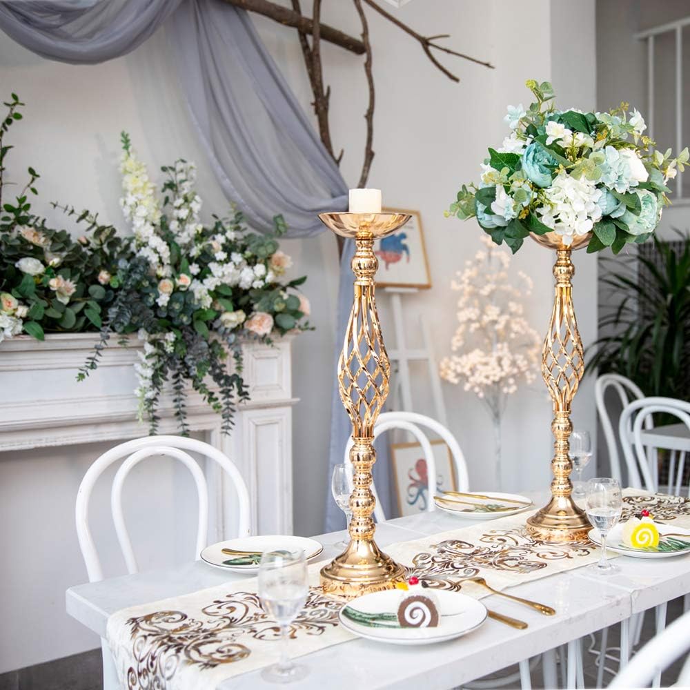 Gold Metal Wedding Centerpieces - Twist Candleholder Stands & Flower Vases for Reception Tables