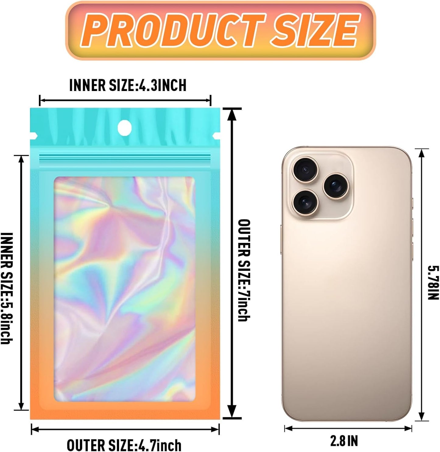 Funfery 100 Pack Gradient Holographic Bags,Resealable Mylar Bags with Zipper,Clear Window Packaging Pouch,Plastic Smell Proof Bags for Food Storage,Sample Jewelry Baggies(4.7×7In,Blue Orange)