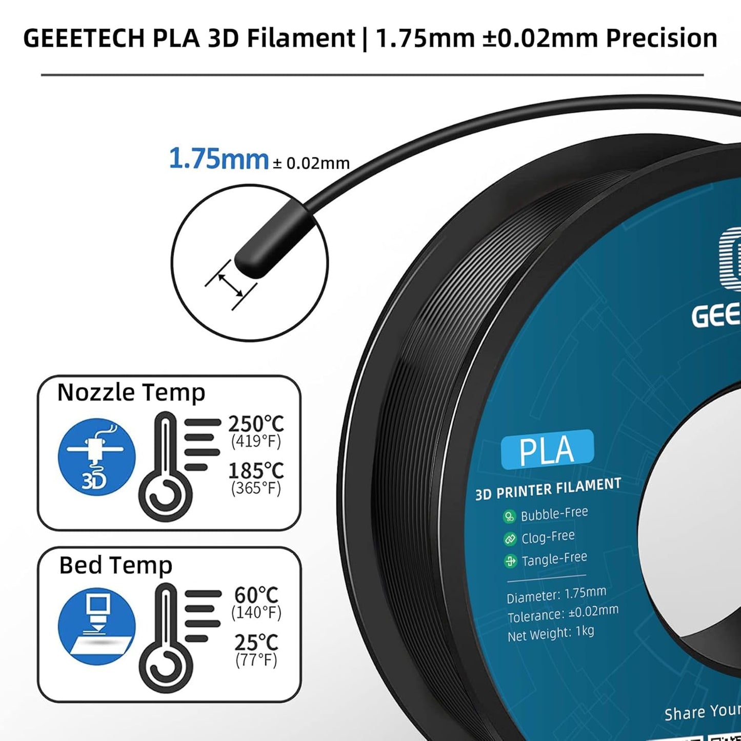 Geeetech PLA Filament 1.75mm, Neatly Wound Black 3D Printer Filament, Tangle-Free 1kg Spool (2.2lbs), Dimensional Accuracy +/- 0.02mm, Fits Most FDM 3D Printers