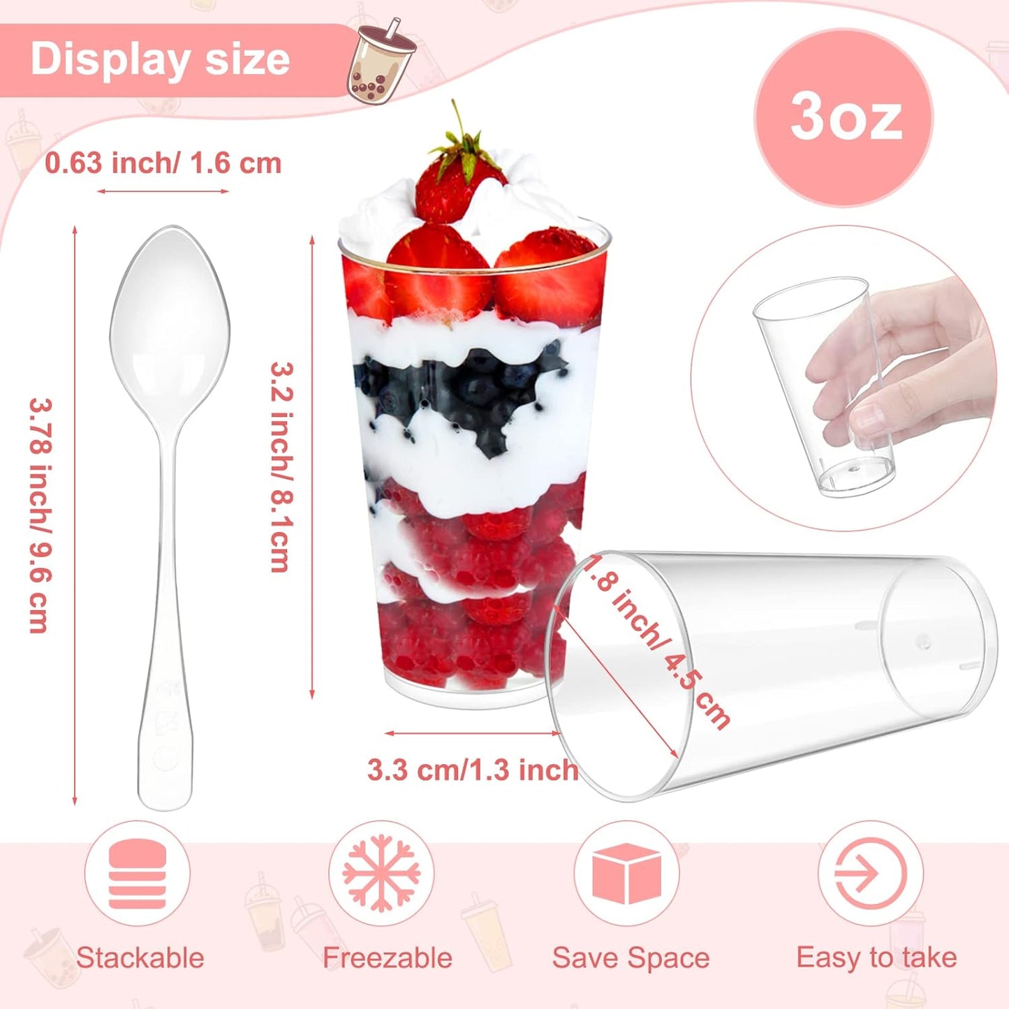 CHENGU 3 oz Clear Plastic Mini Dessert Cups with Spoons - Round Parfait Appetizer Cups, Shot Glasses, Disposable Tall Tumbler for Dessert Tasting Party supplies (200 Pieces)