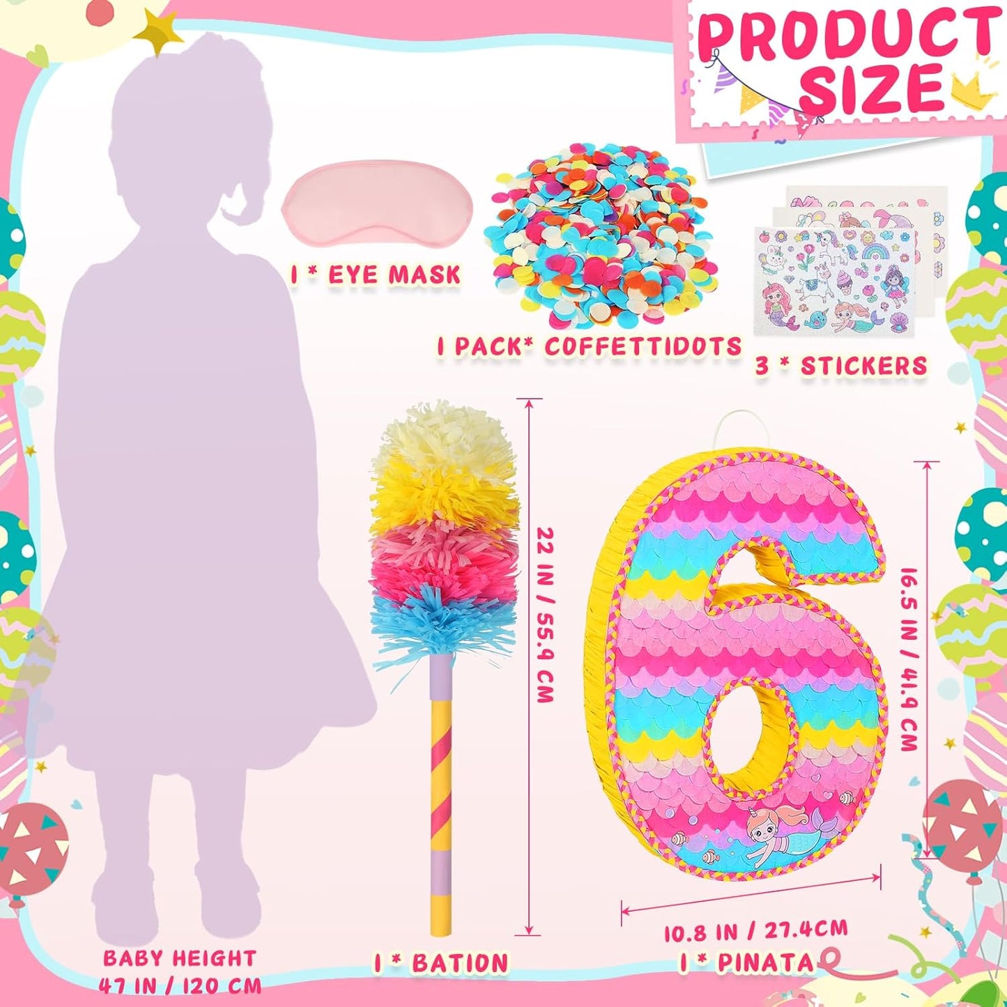 Number 6 Pinata for Birthday Party Decorations, Unicorn Mermaid Theme Pink Piñata Games Toy (6th)