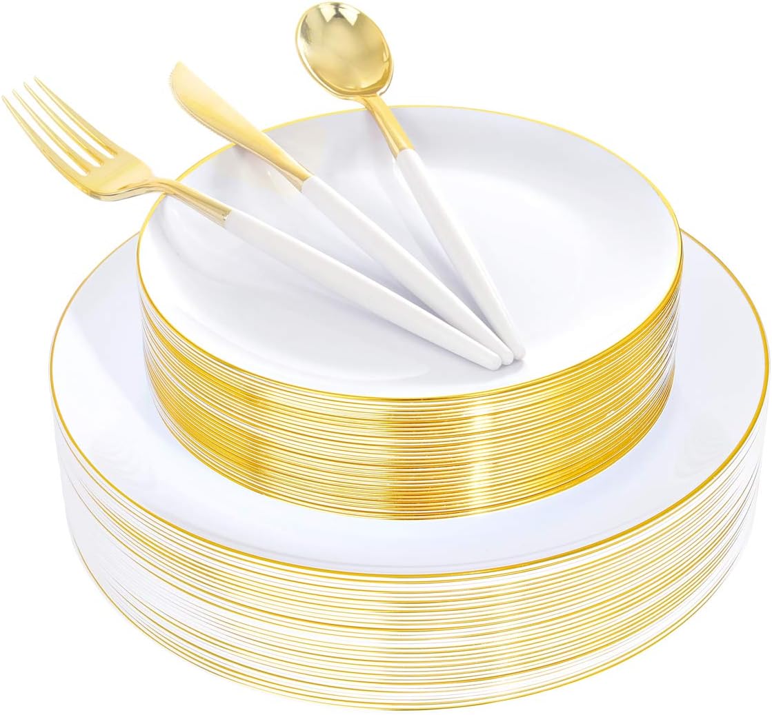 Supernal 150pcs White and Gold Plastic Plates,Gold Plastic Silverware,White Dinnerware Set Includes 60 Plates,30 Forks,30 Knives,30 Spoons For Weddings Celebrations