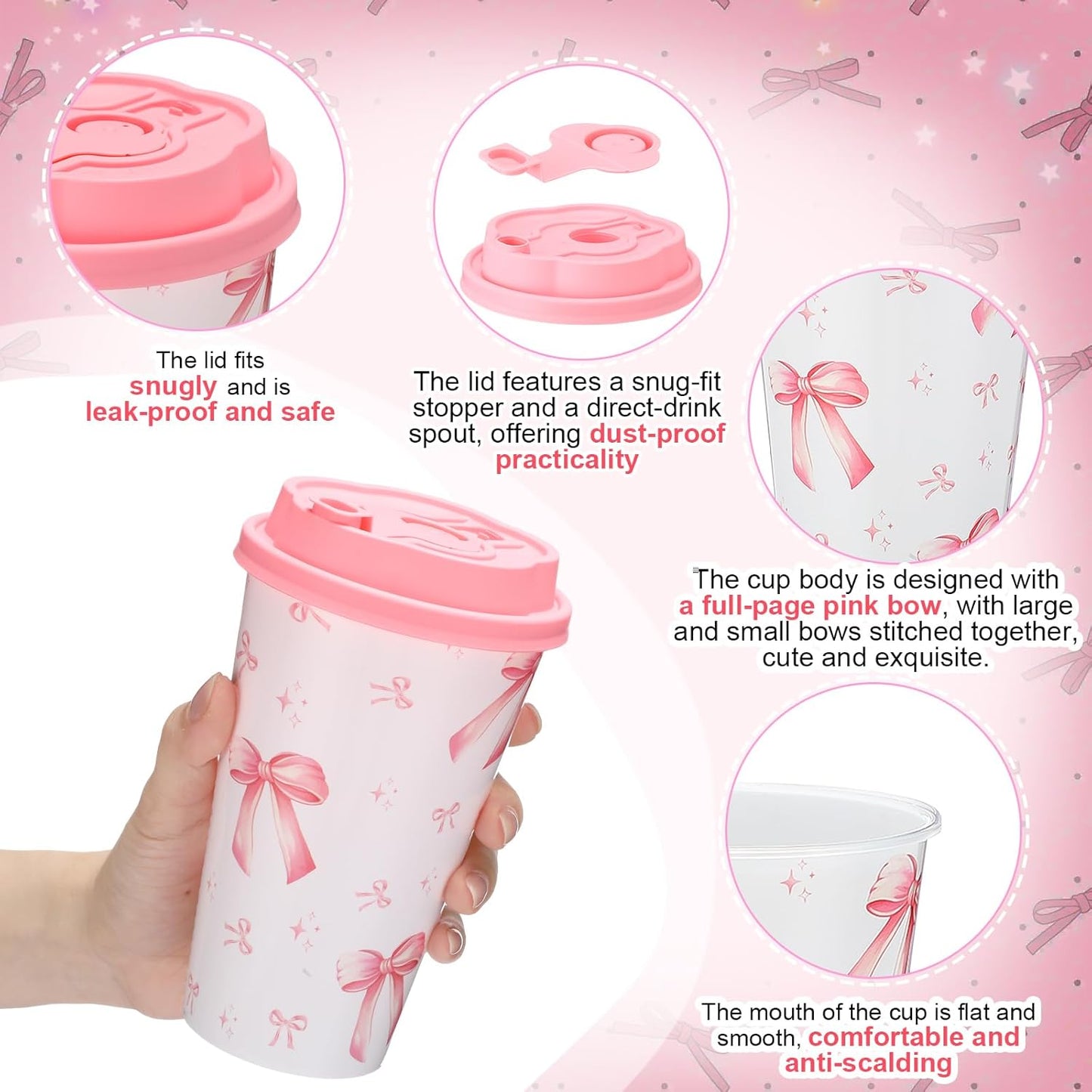 Yungyan 24 Sets Pink Bow Party Favors Goodie Cups with Lids and Straws for Birthday Coquette Party Decorations Reusable 16oz Plastic Candy Cups Plastic Straws for Christmas Decor(Pink Bow)