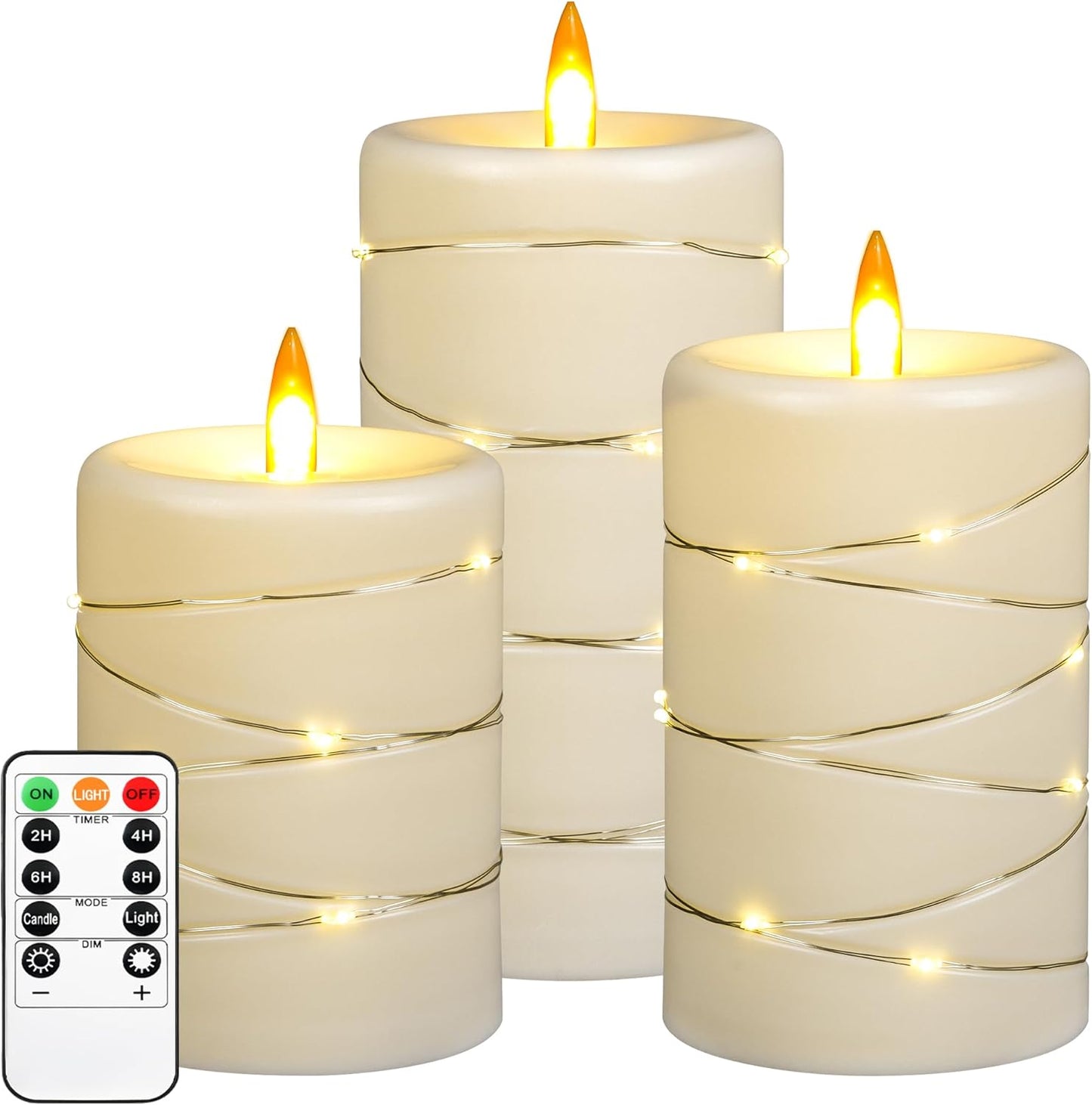 Upinmz Flickering Flameless LED Candles with String Lights, Remote Control and Timer - 3 Pack Ivory White Acrylic
