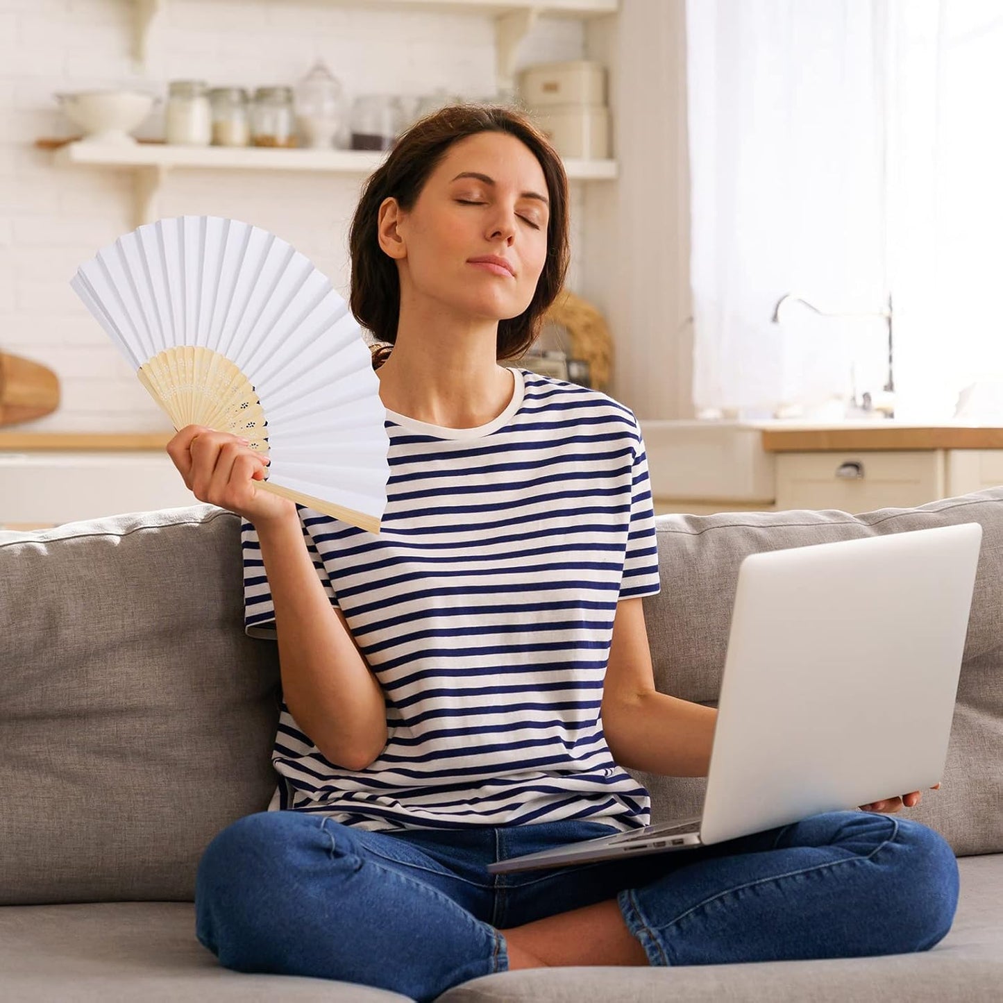 Aneco 48 Pieces Handheld Paper Fans Paper Folding Fans with Bamboos for Wedding Gift, Party, Home, DIY, White