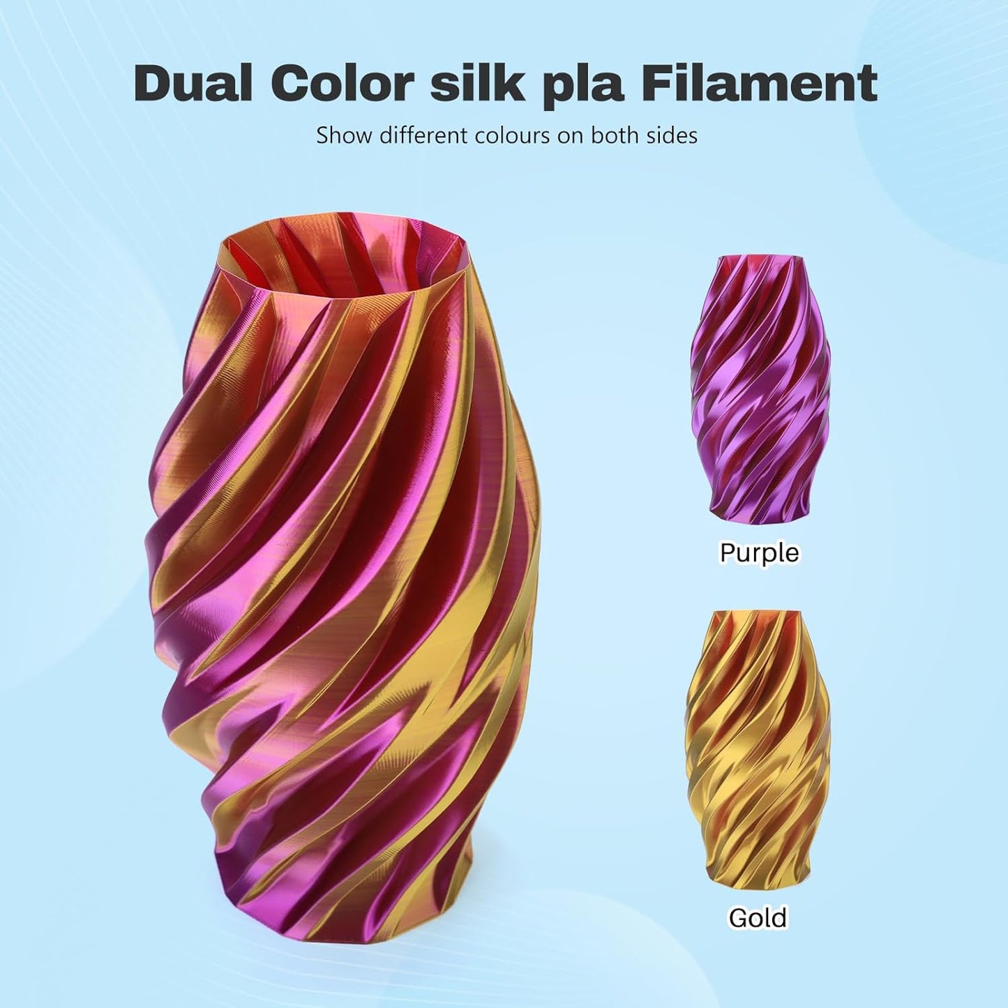 Silk PLA Filament 1.75mm Purple Gold Dual Color PLA 3D Printer Filament 2 in 1 Coextrusion 1KG Spool(2.2lbs) 3D Printing Filament Dimensional Accuracy +/- 0.03mm Fits for Most FDM 3D Printers
