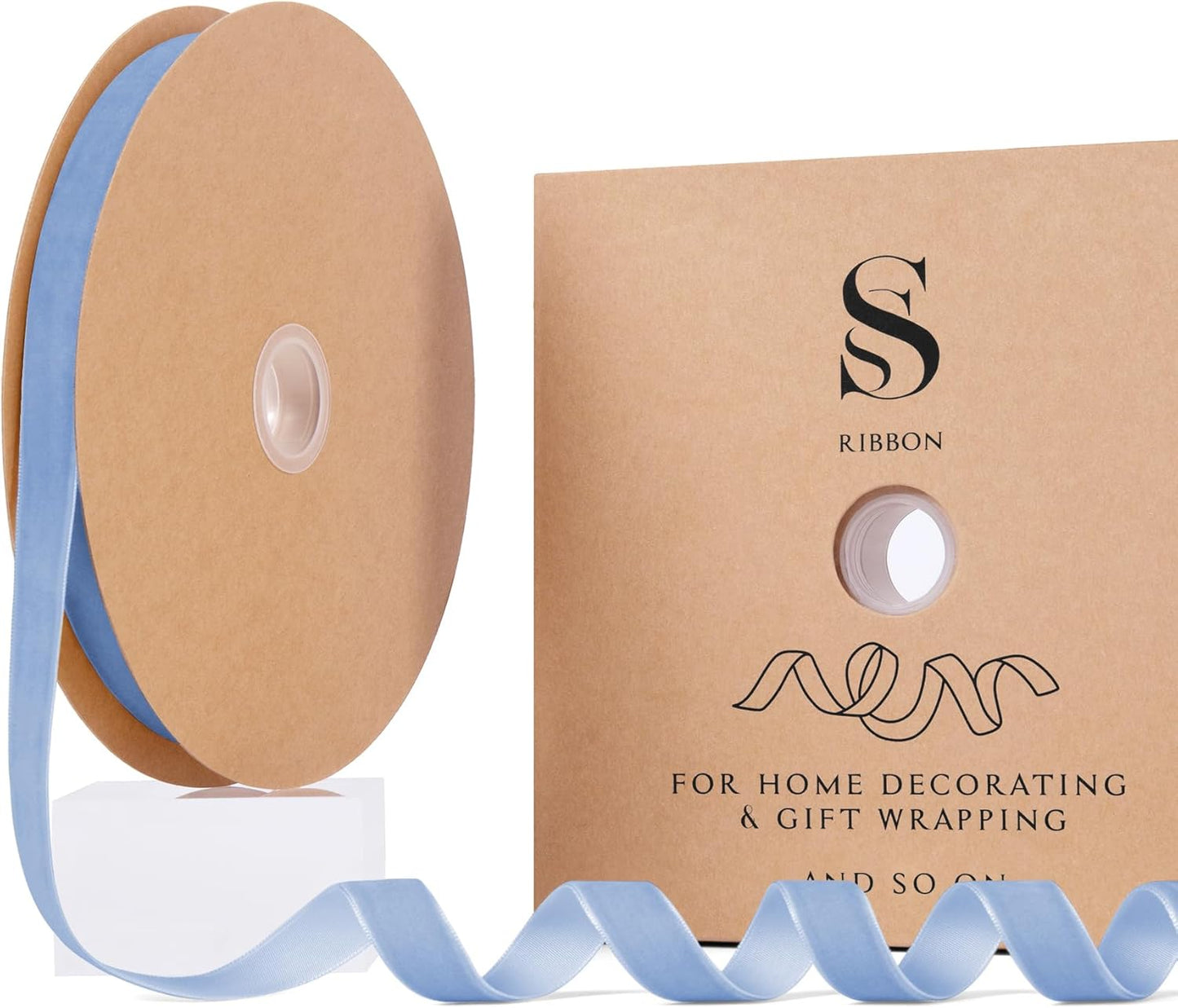 Light Blue Christmas Velvet Ribbon for Tree, Gift Wrapping, Flower Bouquet, Wreath Decorations, Bow Making 5/8'', 25 Yards