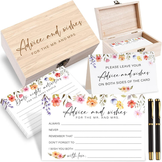 85 Pcs Advice and Wishes Cards Wooden Box Set for The Mr and Mrs,Pink Floral Rose Advice and Wishes Cards with Pen for the Groom and Bride,Bridal Shower Game,Wedding Party Decorations Supplies